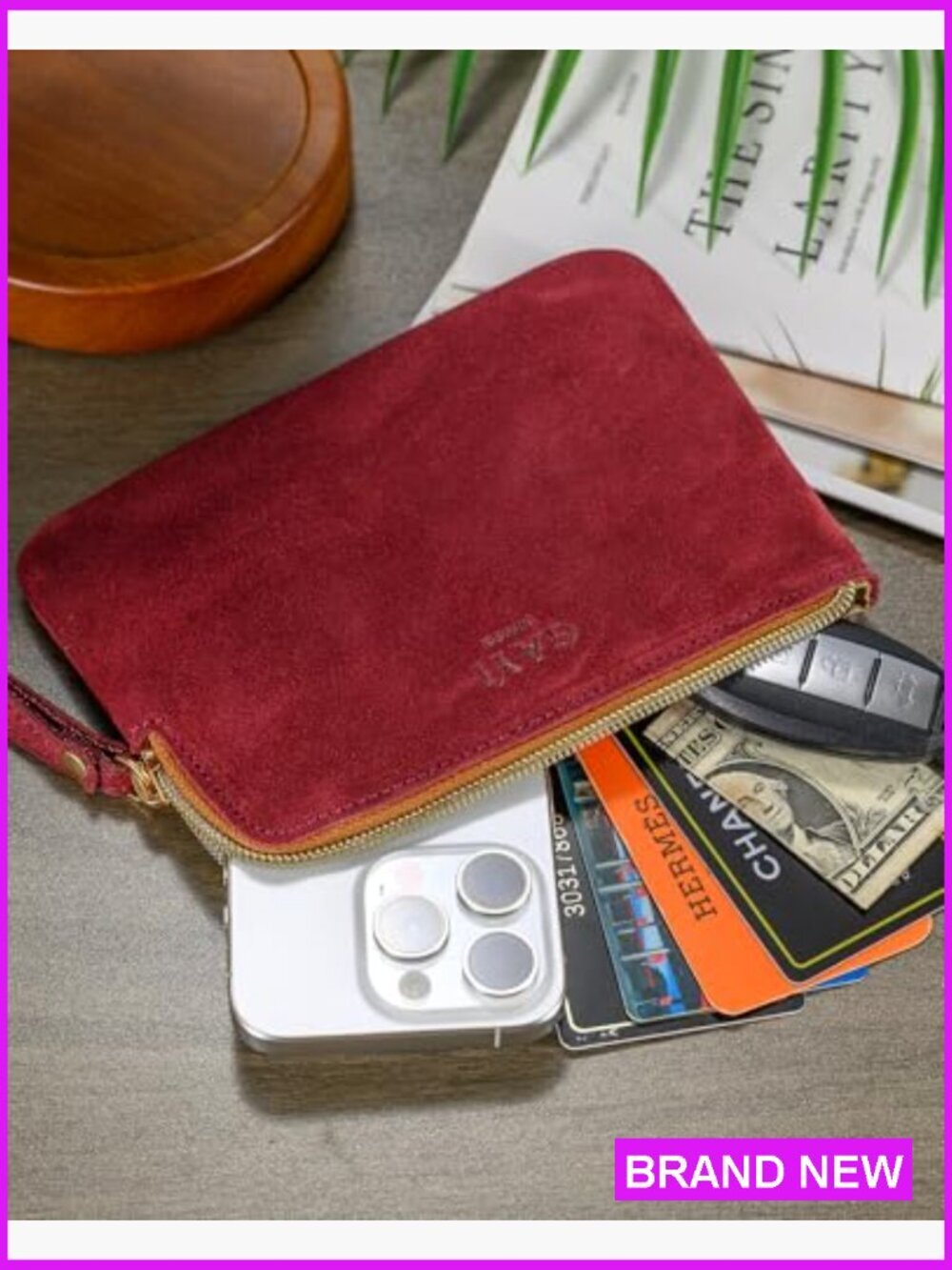 Genuine Leather Wristlet Purse Women Evening Pouch Clutch Bag Zip Closure - Picture 3 of 6